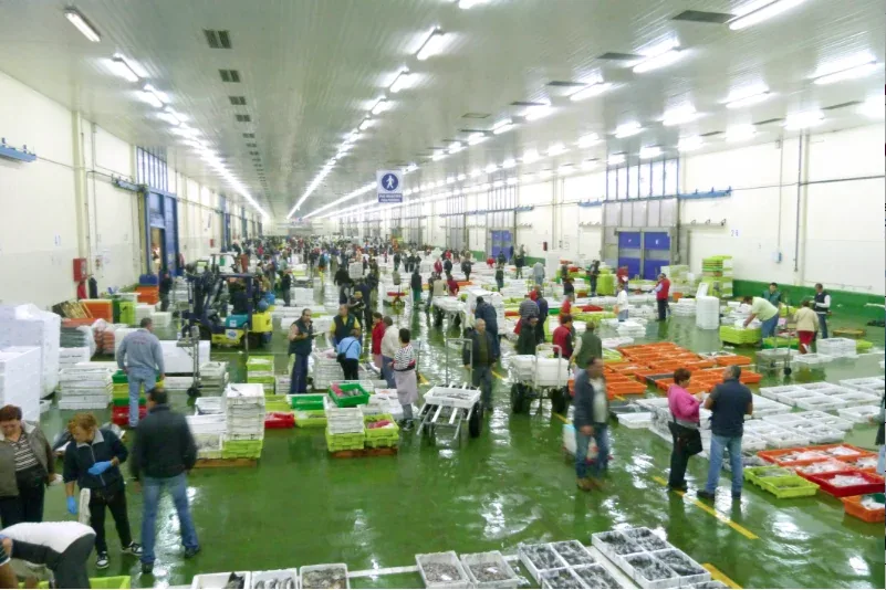 Interior de la lonja de Vigo durante la subasta de pescado
