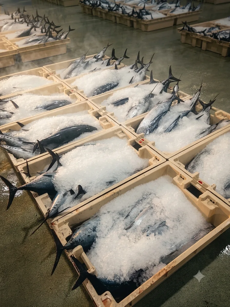Subasta de pescado en la lonja de Vigo, con atunes en cajas de hielo